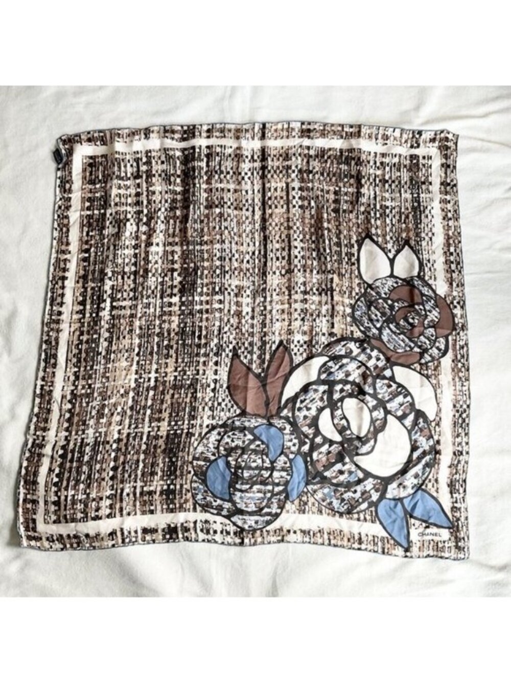 NWT Chanel 85 by 84 cm silk square scarf print tweed image brown blue Camellia